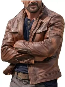 Frank Grillo Boss Level Jacket | Brown Biker Leather Celebrity Men's Coat - Picture 1 of 4