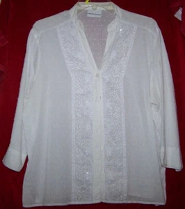 Alfred Dunner 18 20 1X Bluse Hemd mit Knopfleiste weiß Perlen bestickt 3/4 Arm - Bild 1 von 10