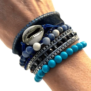 Victoria Emerson Boho Cuff Bracelet with Shell Accent and Turquoise Blue Beads - Picture 1 of 7