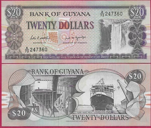 GUYANA 20 DOLLARS 1989 UNC SIG 7,KAITEUR FALLS AT RIGHT,SHIPBUILDING AT LEFT,FER - Picture 1 of 1