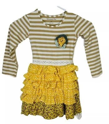 Vestido Delantal Manga Larga Estampado Mixto y Encaje Mostaza Pie Niña - Talla 3T Foto 1 de 4