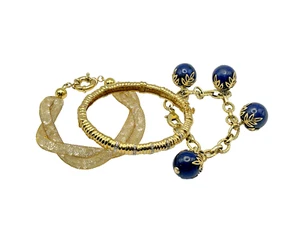 Gold-Plated Set of 3 Bracelets w Blue Dangle Bead 6" / 7" / 8" - Picture 1 of 4
