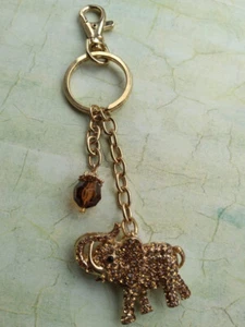 Elephant Keyring Bag Charm in Gold Tone Metal and Brown Crystal - Picture 1 of 3