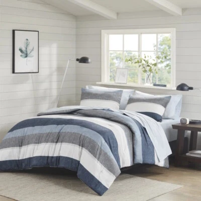 Blue Gray Grey Striped 7 pc Comforter Sheet Set Twin Full Queen Cal King Bed Bag - Image 1 of 4