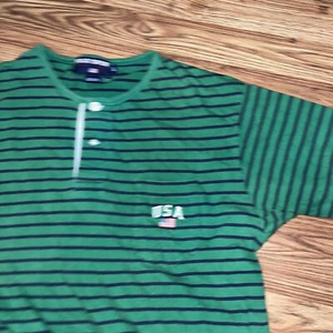 Vintage Polo Sport Ralph Lauren Green & Blue Striped Henley Shirt Men’s Large - Picture 1 of 5