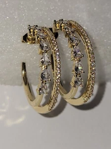 Gold Plated Micro Pave Double Row Pear Shaped Cubic Zirconia Hoop Earrings - Picture 1 of 10