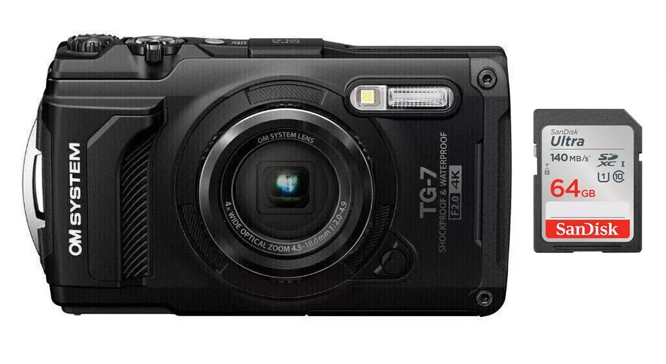 OM-System Tough TG-7 schwarz + Zubehörpaket: SanDisk 64GB Outdoor Digitalkamera - Bild 1 von 3