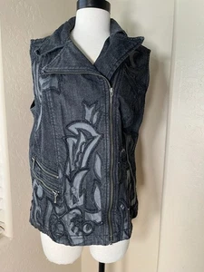 CHICO'S size 2 - Womens Large Vest Denim Black Beaded Moto Zip Front - Picture 1 of 13