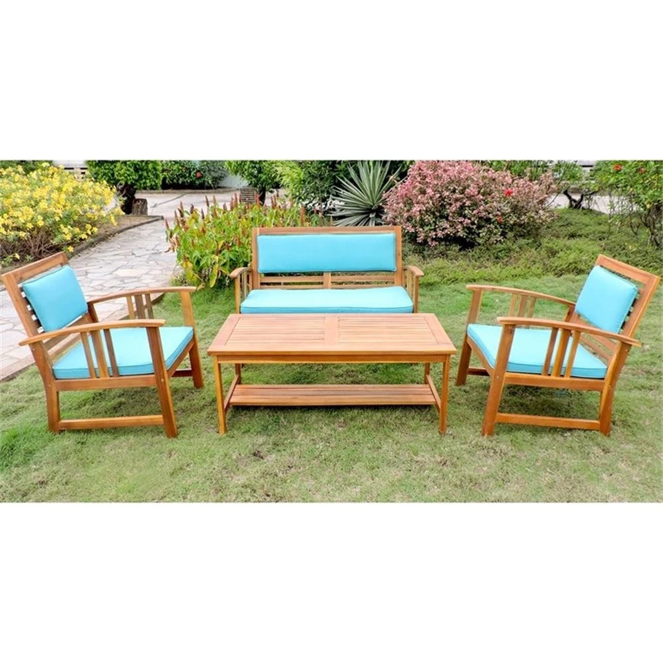 International Caravan Brisbane 4-Piece Wood Patio Conversation Set in Brown/Blue - Image 1 of 2