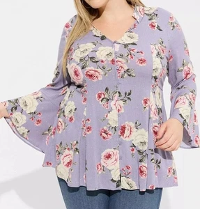 NWT TORRID 1 Fit and Flare Rayon Slub Button Front Top Romantic Roses Purple - Picture 1 of 8