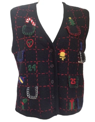 Cambridge Dry Goods Vest Medium Black Wool Advent Ugly Christmas Sweater - Image 1 of 4