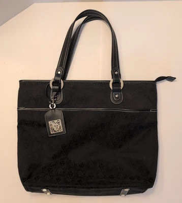 Anne Klein Womens Large 17x14 Black Tote Purse Shoulder Bag Laptop Fabric Silver - Image 1 of 4
