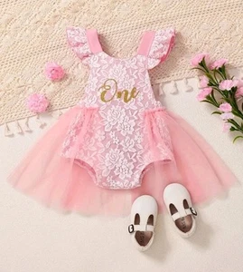 π Baby Girl 1st First Birthday Outfit Cake Smash Photography Pink Lace Dress - Picture 1 of 8