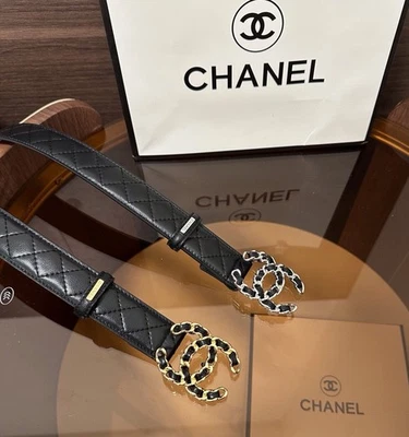 New CHANEL Belt Black Calfskin Leather Belt Gold/Silver Buckle 2 Color 30mm - Image 1 of 4