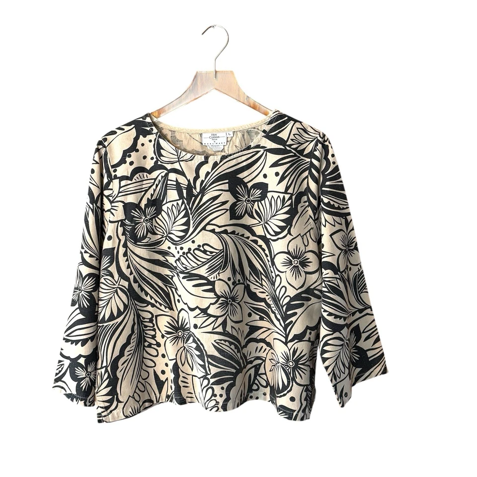 Hot Cotton Marc Ware Linen Blend Top Size L Floral Boxy Lagenlook Cottagecore - Image 1 of 4