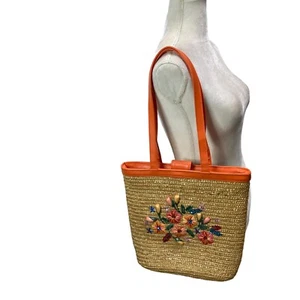 White Stag Tote Bag Tan Wheat Straw Orange Trim Embroider Flowers Pockets Medium - Picture 1 of 11
