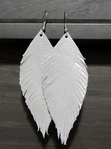 Handmade GENUINE Leather Feather Earrings White with Silver Sparkle 3" - Picture 1 of 2
