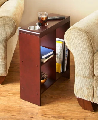 Slim End Tables w/ Drink Cup Holders & Shelf Wooden Narrow Furniture in 2 Colors - Image 1 of 4