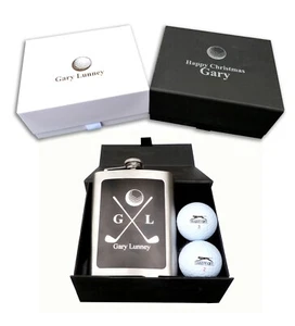 Personalised golf gift box socks, balls, hip flask, custom print birthday golfer - Picture 1 of 11