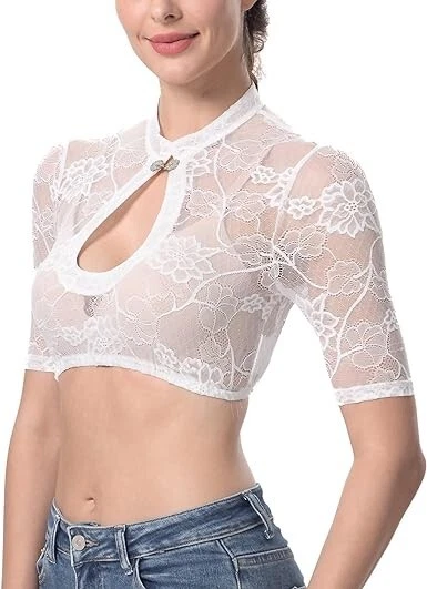 Dirndlparty Dirndl Bluse Halbarm Weiß, Mandarinkragen Gr. 34-46 - Bild 1 von 4