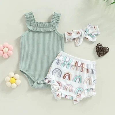 Newborn Baby Girls Ribbed Romper Tops Bodysuit Floral Pants Clothes Outfits Set - Image 1 of 4