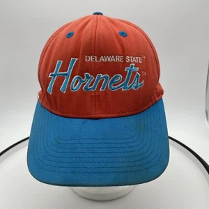 DELAWARE STATE HORNETS SNAPBACK SCRIPT RETRO CAP HAT 2 TONE ORANGE BLUE - Picture 1 of 8
