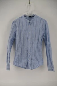 ASOS Design Mens Blue Plaid Long Sleeve Button-Down Mock Collar Shirt Size M - Picture 1 of 4