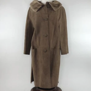 VTG 1970's Hippie Boho Suede Leather Maxi Coat Fur Trim 14 Large - Picture 1 of 12