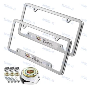 2PCS For CADILLAC Silver Metal Stainless Steel License Plate Frame + Bolts Set - Foto 1 di 6