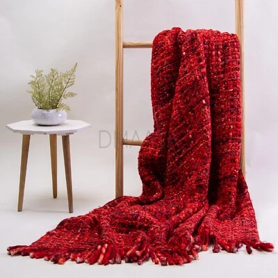 Red Luxury Light Acrylic Soft Throw Indian 100% Cotton Handmade Sofa Bed Blanket - Image 1 of 4