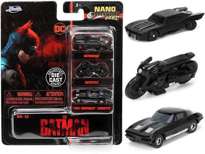 Batman -- JADA Nano Set -- Batcycle, 2022 Batmobile, 1963 Chevrolet Corvette - image 1 of 1