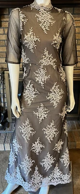 Vestido Alice & Olivia Negro Malla Desnudo Floral Bordado Superpuesto Trasero Acampanado Talla 6 Foto 1 de 4