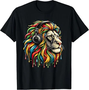 Rasta Reggae Headphones Music Jamaican Lion Judah T-Shirt - Picture 1 of 1