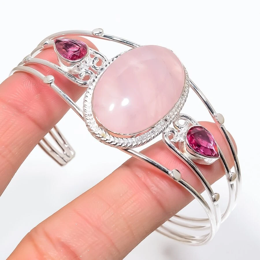 Brazalete ajustable de plata de ley 925 con piedras preciosas de cuarzo rosa natural Foto 1 de 1