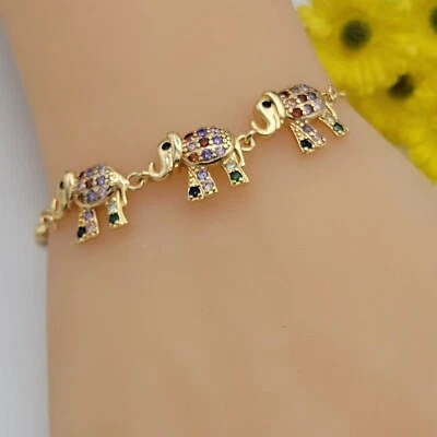 Brazalete Ajustable Tenis Deslizante Elefante Cristales Multicolor Chapado en Oro 14K Foto 1 de 4