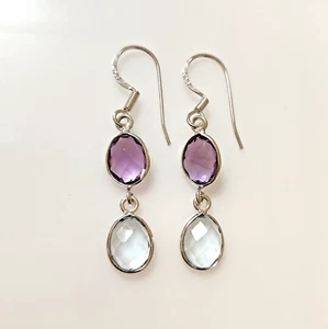 Natural Amethyst Blue Topaz Oval Dangle Drop Dainty Earrings 925 Silver Gift - Picture 1 of 7