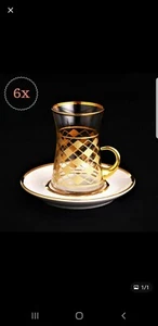 Gold Colored Checkered Design Turkish Tea Cup And Saucer Set  - Picture 1 of 1