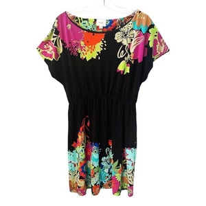 ECI Black Colorful Floral Flutter Sleeve Bohemian Hippie Mini Dress Size 10 - Picture 1 of 9