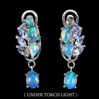 925 Sterling Silber Ohrringe Oval Feueropal 7x5mm Tansanit Edelstein Schmuck - Bild 1 von 4