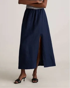 Quince 100% European Linen Maxi Skirt L Deep Navy Minimalist Modest Side Slit - Picture 1 of 10