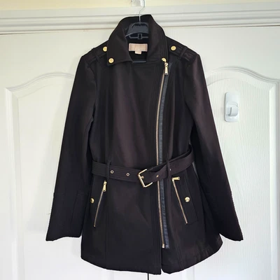 Stylish Michael Kors Trench Coat Women's size S Black Biker Asymmetric Zip Belt - Image 1 of 4