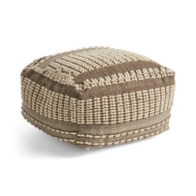 Rustic Wool & Cotton Tufted Large Pouf Ottoman - Brown Beige 26" Square - Image 1 of 4