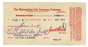 1914 Metropolitan Life Insurance Premium Receipt Paris Kentucky William H Barker - Picture 1 of 2
