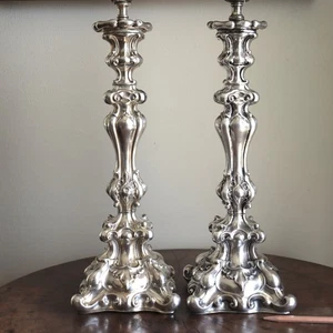 Pair Table Lamp Solid Sterling Silver Candlestick Repousse Rococo Colonial Vtg - Picture 1 of 24