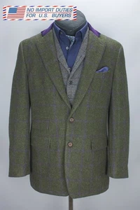Scabal Herren grün Tweed Sakko mit violettem Overcheck 52R Sport Mantel Ellenbogen Patch - Bild 1 von 24