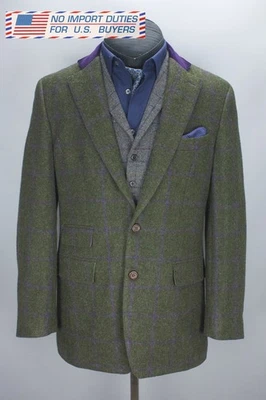 Scabal Mens Green Tweed Jacket with Violet Overcheck 52R Sport Coat Elbow Patch - Image 1 of 4