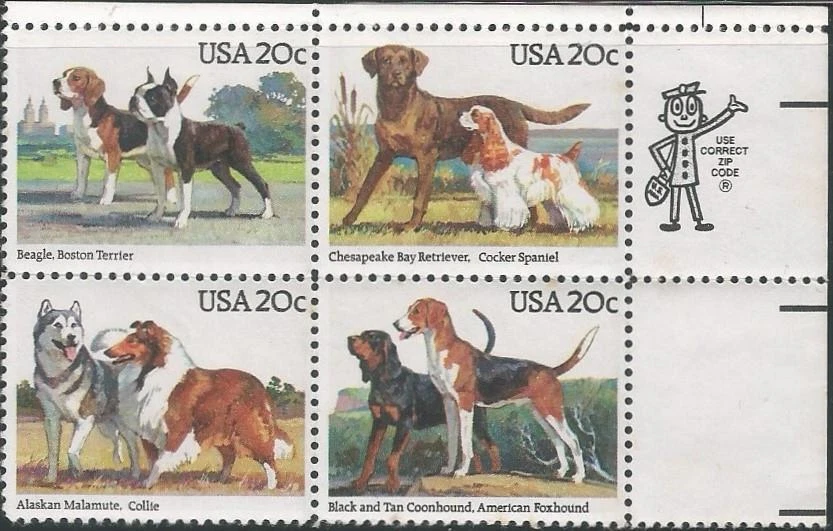 Zip Block of 4 stamps - Scott 2098-2101 - 20 cent - Dogs - 1984 - MNH - Image 1 of 1
