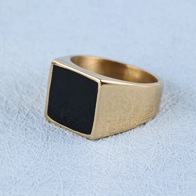 Anillo de sello cuadrado Y2K para hombre talla 10 punk ropa de calle esmalte negro dorado acero inoxidable Foto 1 de 4