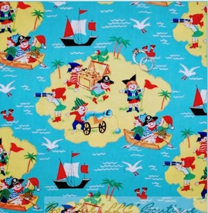 RARE Michael Miller Treasure Island Map Pirate Ship Blue Cotton Fabric BTY CHILD - Picture 1 of 2