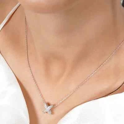 0.25 Ct Round Cut Natural Diamond Criss Cross Pendant Necklace Sterling Silver - Image 1 of 4